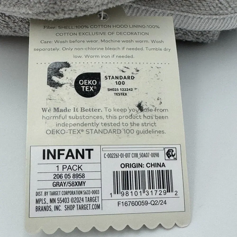 Cloud Island Baby‎ Hooded Towel Gray Elephant 30x30 Cotton Terry Bath Wrap NEW